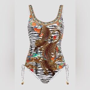 Camilla Cosmic Conflict Print One-Piece Swimsuit, gathered sides, Beaded Details